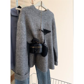 灰色浣熊絨套頭毛衣女裝秋冬加厚寬松慵懶風高級感內搭針織打底衫