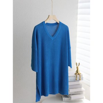 (免運)t恤女冰絲V領中長款開叉針織衫夏季2025新款寬松遮屁股針織裙上衣