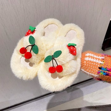 櫻桃拼色可愛毛毛拖鞋女外穿2021室內平底棉拖空調居家網紅地板拖