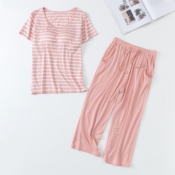 莫代爾柔軟涼感Bra T家居服-七分褲套裝-粉白條紋