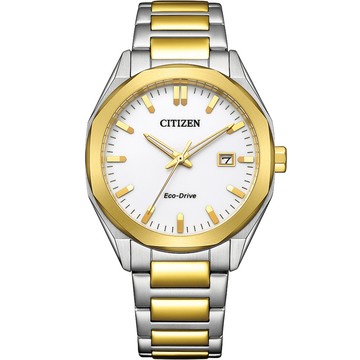 CITIZEN 限量 光動能八角形經典大三針手錶 開學新裝備-銀x金/38mm BM7624-82A
