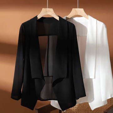 寬松炸街雪紡西裝薄外套女夏大碼200斤顯瘦西服中袖披肩防曬上衣