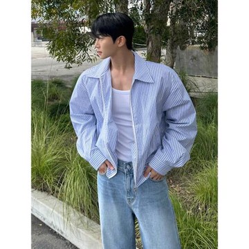 (免運)MRCYC設計感條紋短款夾克男士春季寬松翻領外套韓系潮流休閑襯衫