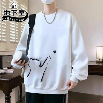 地下室B1-日系簡約貓咪抓蝴蝶印花圓領加絨衛衣 寬鬆落肩長袖上衣 韓系休閒情侶穿搭 大尺碼5XL【NL666038】