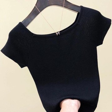 冰絲針織夏打底衫一字肩短袖t恤女修身純色半袖露肩上衣