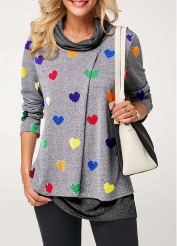 Long Sleeve Heart Print Cowl Neck T Shirt