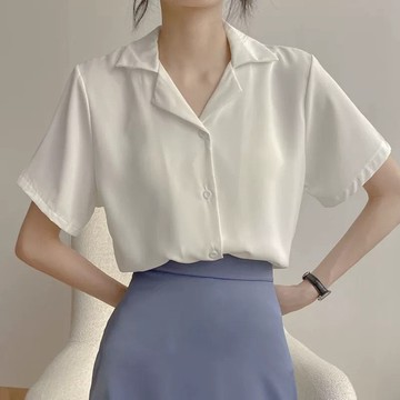 短袖襯衫大尺碼 雪紡襯衫 韓版襯衫女 polo領襯衫 女生 襯衫 春夏新款復古港味韓版職業西裝領長袖翻領短袖襯衫女純色上