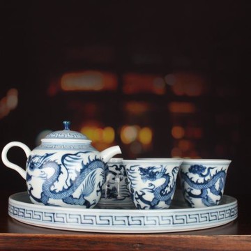 元青花手繪龍魚藻茶具仿古手工茶壺杯承一套景德鎮古玩古董陶瓷器