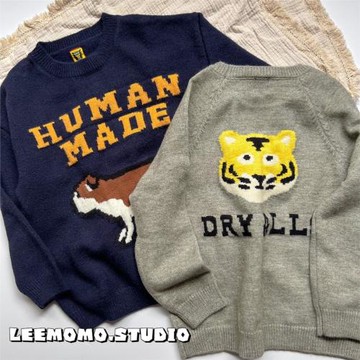 MOMO自制 2022冬日系潮牌老虎和狗狗可愛卡通 男女童針織套頭毛衣