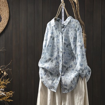 【ACheter】數碼印花棉麻襯衫寬鬆長袖上衣# 126140