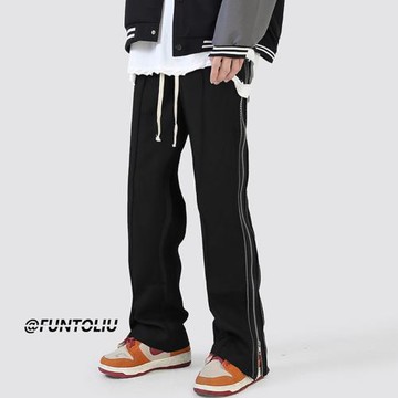 美式高街vibe風褲子春秋痞帥長褲設計感拉鏈休閑褲直筒寬松闊腿褲