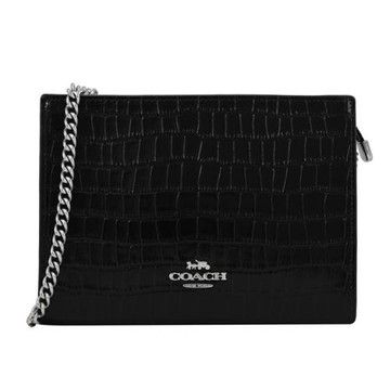 COACH CR237 SLIM 金屬LOGO鱷魚紋皮革斜背鍊包.黑