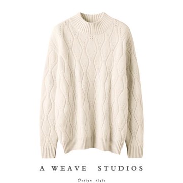 實用主義者的理想！4色菱格半高領羊絨衫女純羊絨毛衣寬松慵懶風