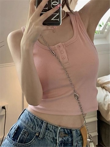 免運 白色運動bm風鈕扣短款吊帶背心女 打底內搭外穿美背方領背心 性感上衣 夏天背心 疊穿背心 內搭小可愛  T284