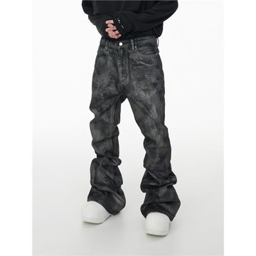 ASTT 24S/S 手工刷膠閃粉涂層修身堆積拖地牛仔喇叭褲潮