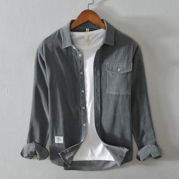 秋冬季新款百搭打底衫棉質燈芯絨復古襯衫外套男加厚長袖純色襯衣