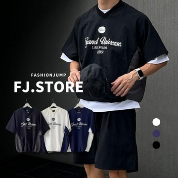 【FJstore】Grand Universe V領兩側撞色束口風衣 寬鬆 落肩 V領 短袖上衣 男生短袖 情侶上衣