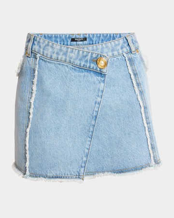Asymmetric Raw-Edge Denim Mini Skirt