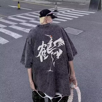 純棉240g重磅水洗做舊寬鬆短袖t恤 印花高品質oversize美式復古寬鬆圓領 嘻哈 大尺碼 五分袖短T（HMX62）