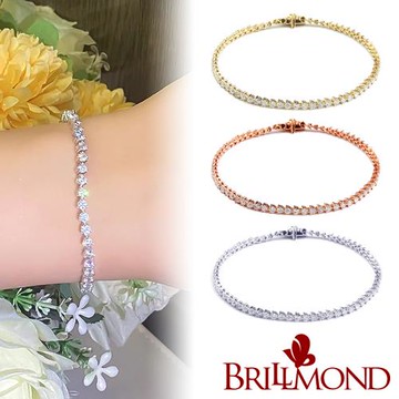 【BRILLMOND】2克拉 三爪鑲細版天然鑽石手鍊 三色K金選(天然鑽石總重2克拉)