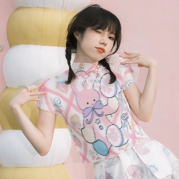 Meugler牛稠島動物天堂 兔子電話夏日印花褶皺上衣 少女半袖短T恤