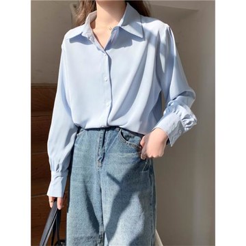 法式淺藍色雪紡襯衫女春秋設計感小眾小個子長袖襯衣職業通勤上衣