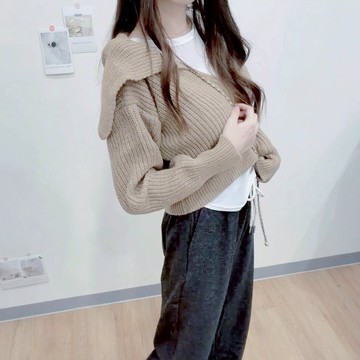 S.T SHOP現貨當天寄4118爆款兩件套 翻領V領毛衣上衣+內搭圓領背心 套裝 翻領上衣 V領上衣批肩毛衣 短版上衣