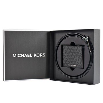 MICHAEL KORS 男款 緹花LOGO防刮短夾/雙面用皮帶禮盒-黑色