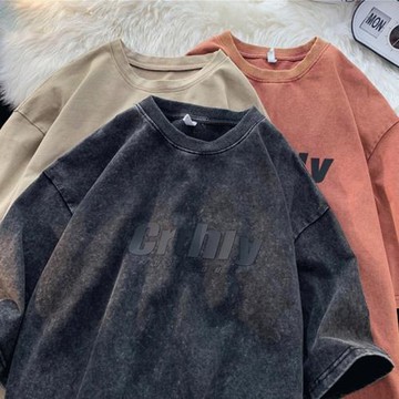 美式復古重工水洗T恤男夏季重磅做舊短袖設計感oversize黑色體恤