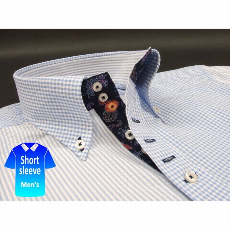 かりゆしウェア結婚式に アロハシャツ 沖縄 メンズ ボタンダウン 半袖 Yシャツ ワイシャツ 青 ブルー系 ストライプ チェック シアサッカー Msck Bu04 42 通販 Lineポイント最大0 5 Get Lineショッピング