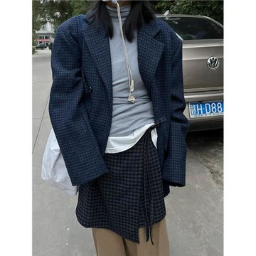 小眾表妹 寬版大肩墊復古慵懶感vintage休閑格子西裝