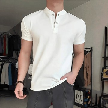 男美式黑色亨利领短袖男款夏季polo衫健身衣服高级感华夫格运动t恤
