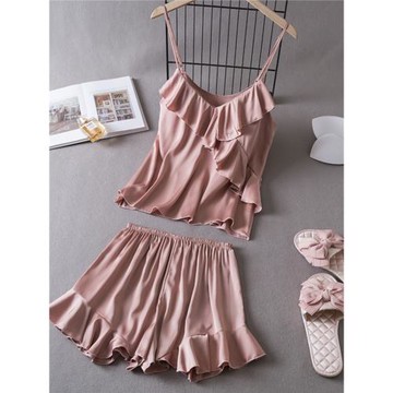 荷葉邊夏季性感睡衣女薄款韓版冰絲吊帶短褲兩件套純色絲綢家居服