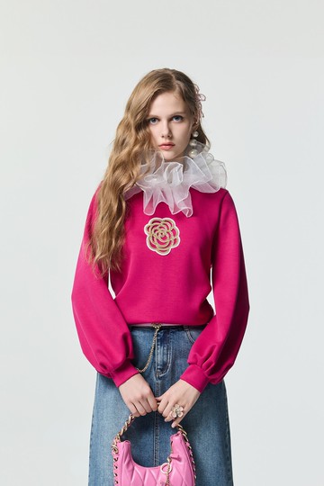 洋紅粉珠珠花飾上衣