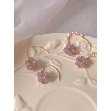 法式溫柔紫色葡萄水小眾港風耳鉤高級感玻璃貓眼石珍珠耳環女