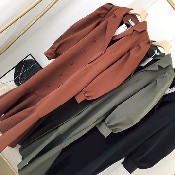 冬季簡約西裝領長袖高腰拼接連衣裙  L#221入