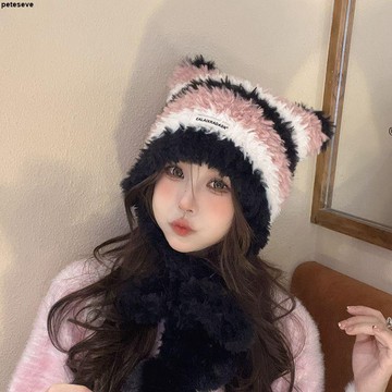【手工編織 新潮款 多巴胺 帽子】毛茸茸 條紋 甜美 可愛 貓耳朵 韓版 網紅 百搭 帽子女 耳朵 貓 貓帽子 紅色帽子