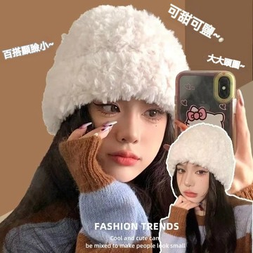 免運🌞針織毛綫帽子秋冬季女款百搭顯臉小保暖白色毛茸茸護耳冷帽大頭圍 冬天騎車防風帽 超萌防寒帽子 護耳毛帽 日系秋冬毛絨