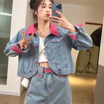 韓版百搭撞色拼接短款牛仔套裝兩件套女小個子學生長袖上衣短裙潮