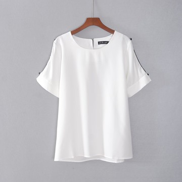 女裝百搭短袖圓領純色鏤空襯衫上衣服顯瘦氣質休閑