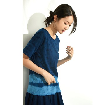 有機棉夜海藍染寬版落肩上衣
