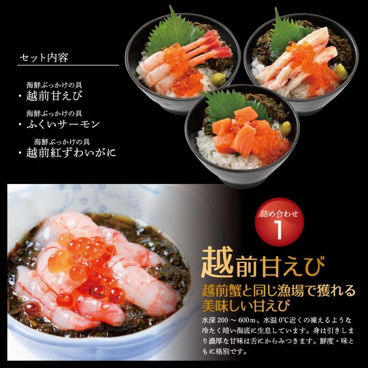 お歳暮 越前海鮮ぶっかけの具セット ３種 甘えび ふくいサーモン ベニズワイガニ 刺身 漬け 小分け 海鮮丼の具 魚介類 水産加工品 送料無料