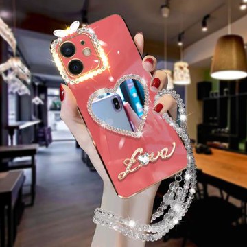 適用于蘋果12手機殼網紅小眾鏡子款硅膠軟殼防摔iPhone11/12個性高檔電鍍直邊鏡面全包鏡頭保護套時尚長掛繩