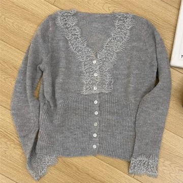 薄款羊毛V領開衫女2024秋冬新款設計感蕾絲拼接洋氣減齡外套上衣