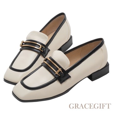 【Grace Gift】逸歡聯名-英倫金屬方頭低跟樂福鞋 米白