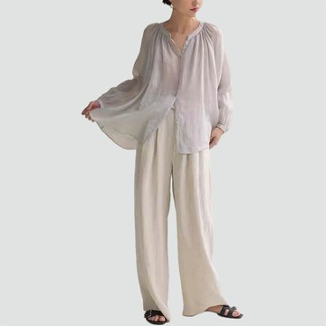 【巴黎精品】現貨+預購 長袖套裝兩件式褲裝-亞麻襯衫闊腿長褲女裝2色a1gq51