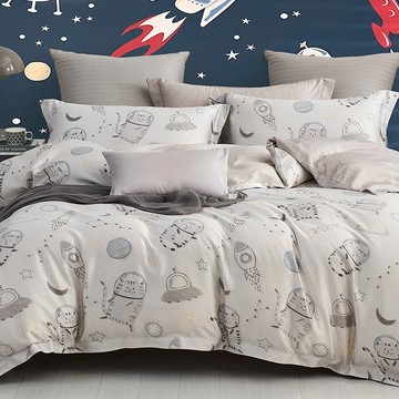 40支100%純天絲TENCEL特大床包 + 枕套 三件組  喵遊太空  單人加大