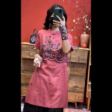 台灣出貨💖棉麻材質舒適柔軟民族風重工刺繡復古盤扣短袖洋裝女大尺碼寬鬆薄款透氣