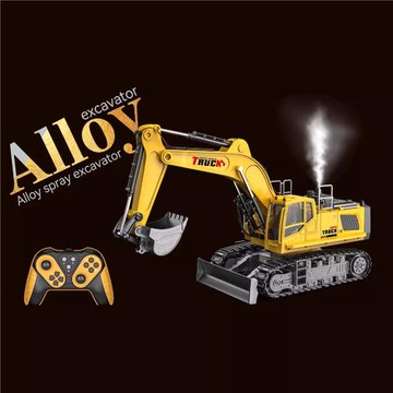 跨境11 13通合金遙控挖掘機中號噴霧挖土機充電仿真工程車男玩具