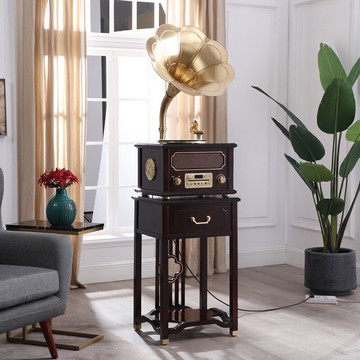 一件代發新中式復古留聲機客廳黑膠唱片機老式電唱機大喇叭音響【Snowbelle優選】